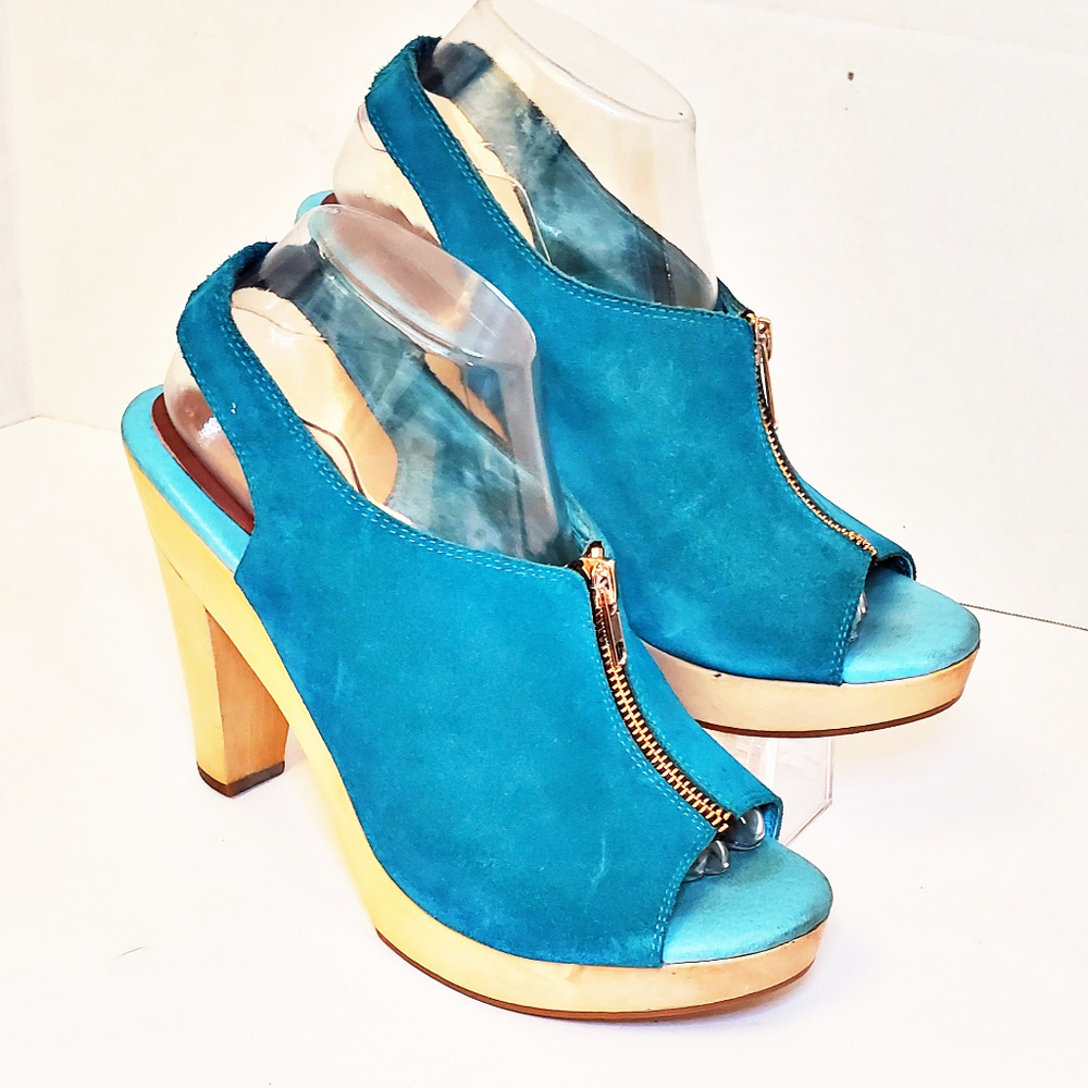 Madison Harding Blue Suede Peep Toe Wood 5" Heels